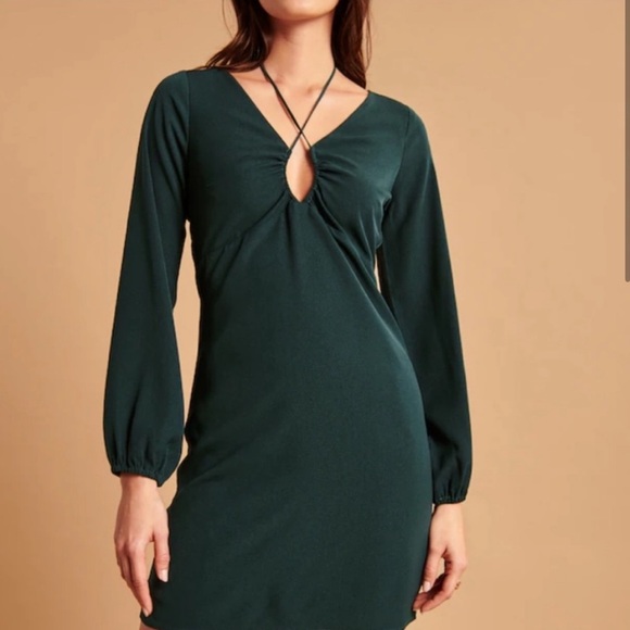 Abercrombie & Fitch Long-Sleeve Strappy Halter Mini Dress in Forest Green Small - Picture 3 of 12